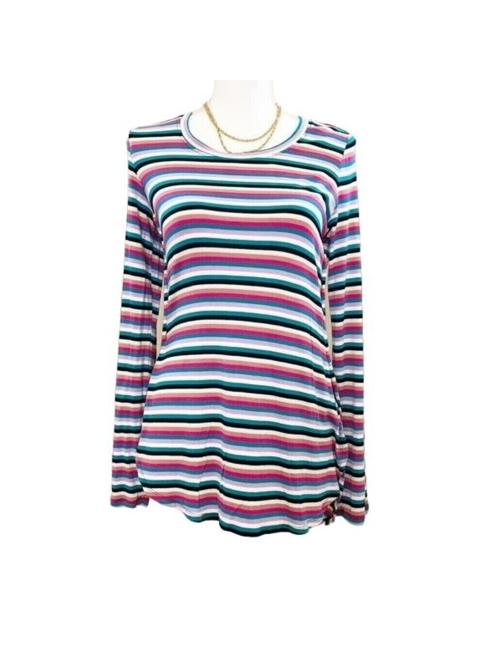 Love Fire Womens Multi Color Striped Long Sleeve Crewneck Top Pink Teal Small